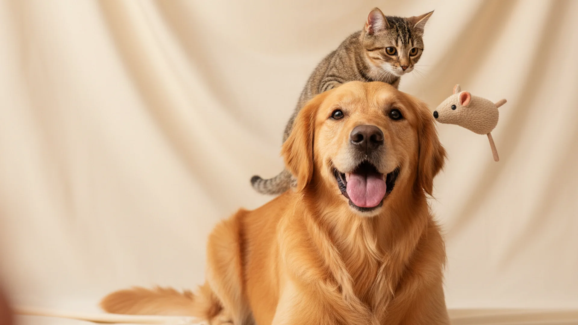 A golden retriever and tabby cat with pet toys